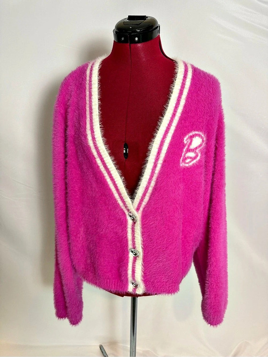 Barbie Sweaters - Barbie Cardigan Women's Size XL Pink & White Fuzzy 3-Button Long Sleeves